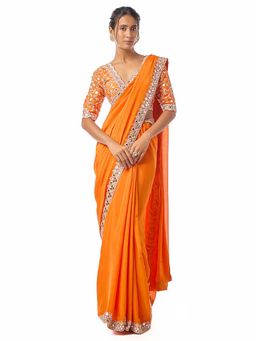 Gopi Vaid - Meili Orange Embroidered Aree with Stitched Blouse