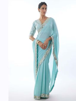 Gopi Vaid - Meili Embroidered Powder Blue Saree with Stitched Blouse