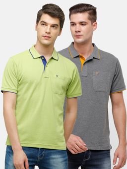 Classic Polo - Men Solid Green & Grey Cotton Blend Regular Fit Polo T-Shirts (Pack of 2)