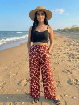 Zuri - Maroon Frilled High Rise Wrinkle Free Flared Pant