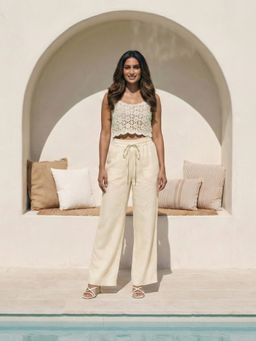 Zuri - Cream Cotton High Rise Paperbag Extra Wide Leg Pant
