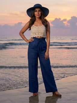 Zuri - Blue Breeze Navy Blue Ruffle Trim Wide Leg Pant