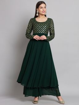 Poshak Hub - Women Green Georgette Foil Print Anarkali Kurta