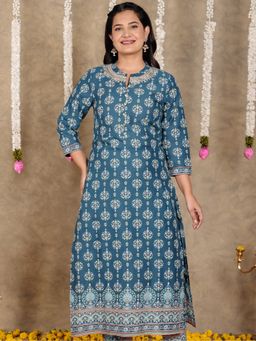 ARAMYA - Blue Soft Cotton Straight Floral Print Kurta