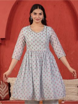 ARAMYA - Blue Chanderi Flared Floral Print Kurta