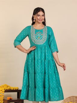 ARAMYA - Teal Roman Silk Gold Foil Print Anarkali Kurta