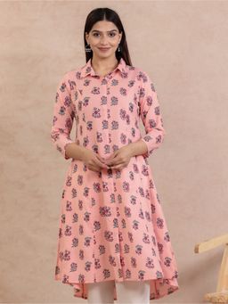 ARAMYA - Peach Soft Cotton High Low Floral Print Kurta