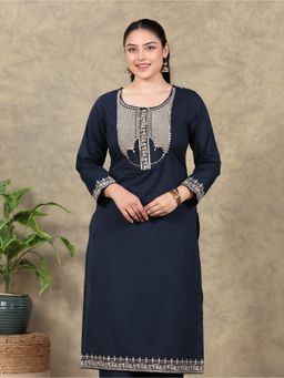 ARAMYA - Navy Blue Soft Cotton Straight Solid Kurta