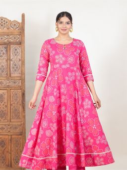 ARAMYA - Pink Soft Cotton Bandhani Print Anarkali Kurta