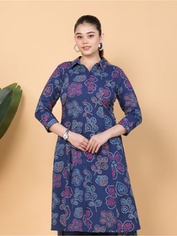 ARAMYA - Blue Soft Cotton High Low Bandhani Print Kurta