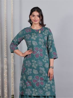 ARAMYA - Teal Soft Cotton Straight Floral Print Kurta