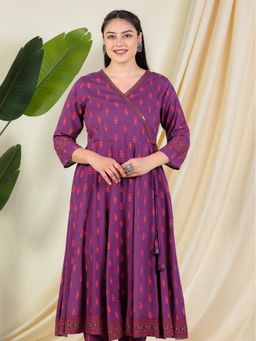 ARAMYA - Purple Viscose Angrakha Floral Print Kurta
