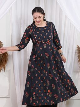 ARAMYA - Navy Blue Soft Cotton Floral Print Anarkali Kurta