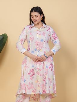 ARAMYA - Off White Soft Cotton High Low Floral Print Kurta