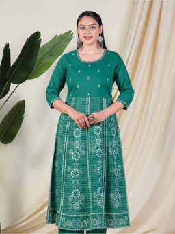 ARAMYA - Green Soft Cotton Bandhani Print Anarkali Kurta