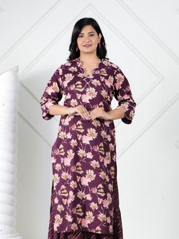 ARAMYA - Purple Soft Cotton Straight Floral Print Kurta