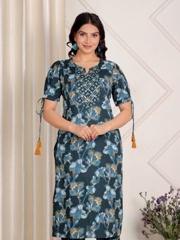 ARAMYA - Teal Soft Cotton Straight Floral Print Kurta