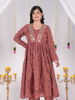 ARAMYA - Red Soft Cotton Animal Print Anarkali Kurta