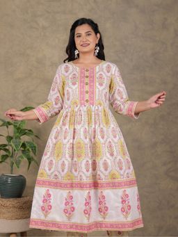 ARAMYA - White Soft Cotton A-Line Floral Print Kurta