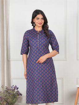 ARAMYA - Blue Soft Cotton Straight Floral Print Kurta