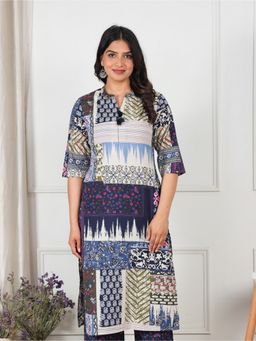 ARAMYA - Blue Soft Cotton Straight Placement Print Kurta