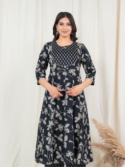ARAMYA - Black Soft Cotton Floral Print Anarkali Kurta