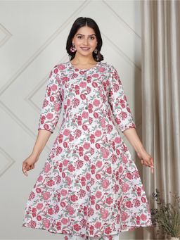 ARAMYA - White Soft Cotton A-Line Floral Print Kurta