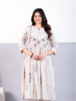 ARAMYA - Off White Soft Cotton A-Line Floral Print Kurta