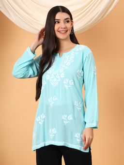 Poshak Chikan Studio - Women Blue Lucknowi Chikankari Modal Short Kurti