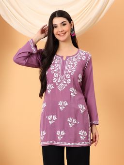 Poshak Chikan Studio - Women Mauve Lucknowi Chikankari Modal Short Kurti