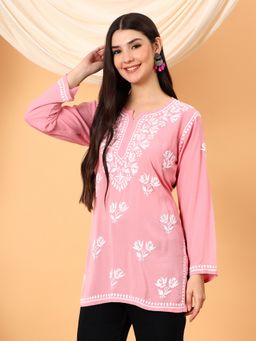Poshak Chikan Studio - Women Pink Lucknowi Chikankari Modal Short Kurti