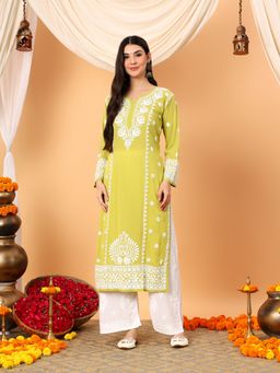 Poshak Chikan Studio - Women Green Lucknowi Chikankari Modal Straight Kurta