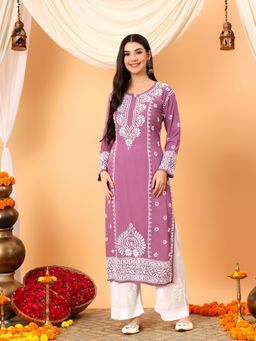 Poshak Chikan Studio - Women Mauve Lucknowi Chikankari Modal Straight Kurta