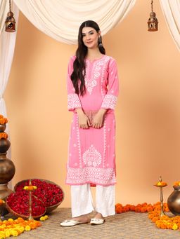 Poshak Chikan Studio - Women Pink Lucknowi Chikankari Modal Straight Kurta