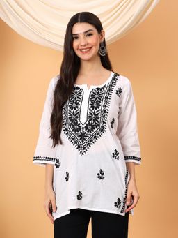 Poshak Chikan Studio - Women White Lucknowi Chikankari Cotton Short Kurti