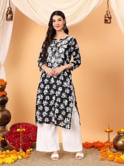 Poshak Chikan Studio - Women Black Lucknowi Chikankari Mulumul Printed Straight Kurta