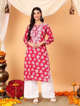 Poshak Chikan Studio - Women Pink Lucknowi Chikankari Mulumul Printed Straight Kurta