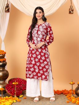 Poshak Chikan Studio - Women Maroon Lucknowi Chikankari Mulumul Printed Straight Kurta