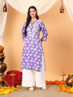 Poshak Chikan Studio - Women Purple Lucknowi Chikankari Mulumul Printed Straight Kurta
