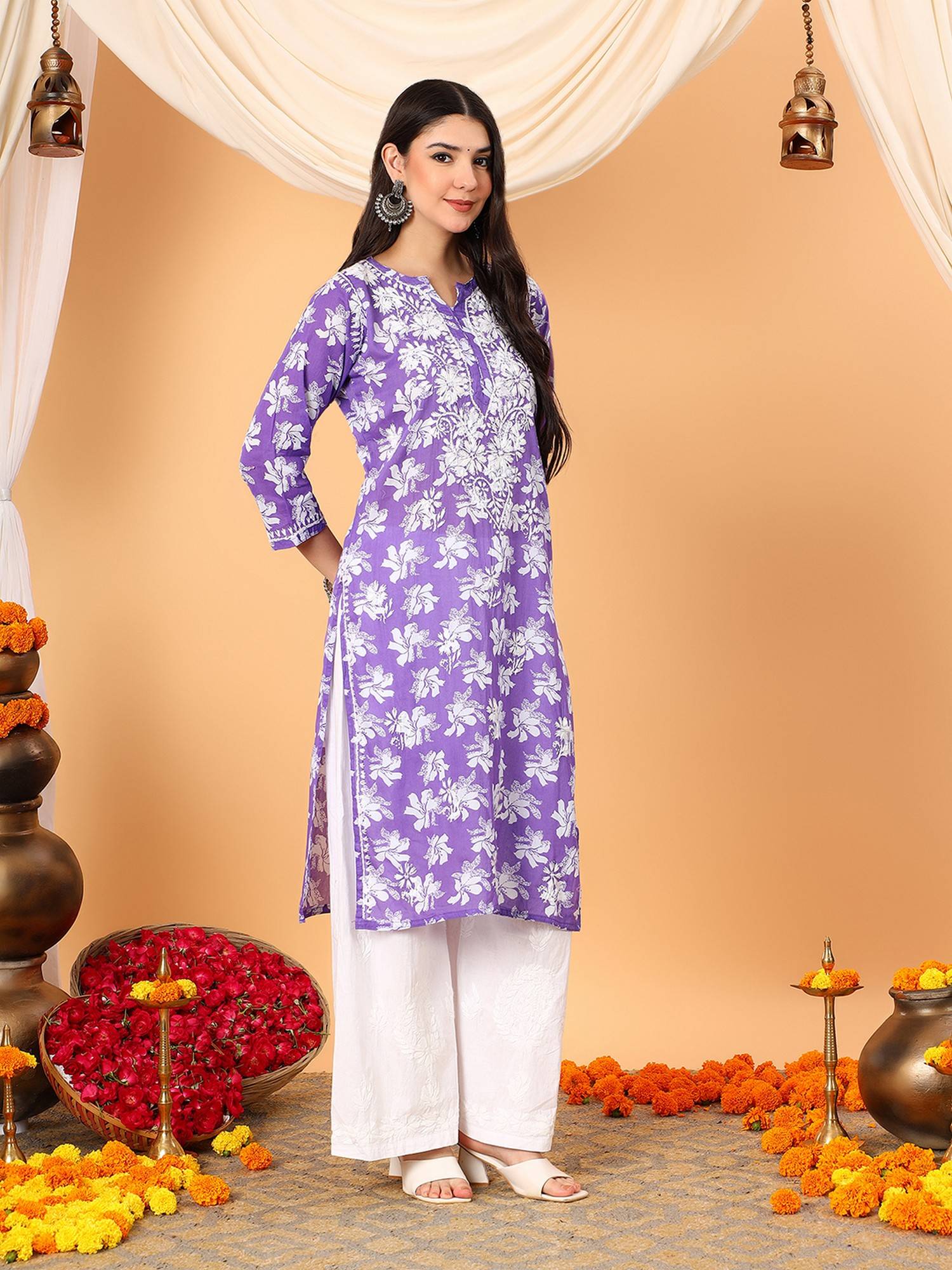 Buy Poshak Chikan Studio Women Purple Lucknowi Chikankari Mulumul