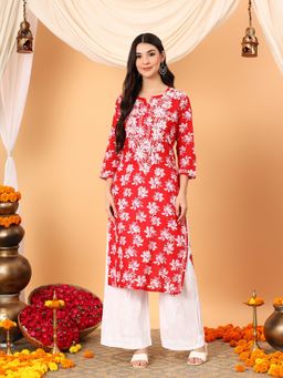 Poshak Chikan Studio - Women Red Lucknowi Chikankari Mulumul Printed Straight Kurta
