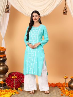 Poshak Chikan Studio - Women Lucknowi Chikankari Cotton Sky Blue Straight Kurta