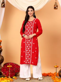 Poshak Chikan Studio - Women Lucknowi Chikankari Cotton Red Straight Kurta