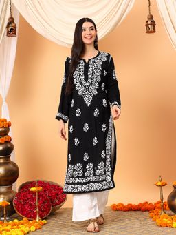 Poshak Chikan Studio - Women Lucknowi Chikankari Modal Black Straight Kurta