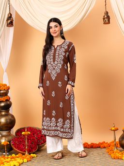 Poshak Chikan Studio - Women Brown Lucknowi Chikankari Modal Straight Kurta