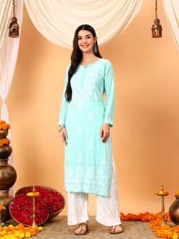 Poshak Chikan Studio - Women Sky Blue Lucknowi Chikankari Modal Straight Kurta