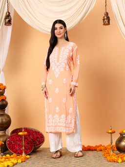Poshak Chikan Studio - Women Lucknowi Chikankari Modal Peach Straight Kurta
