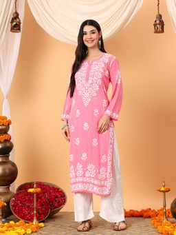 Poshak Chikan Studio - Women Pink Lucknowi Chikankari Modal Straight Kurta