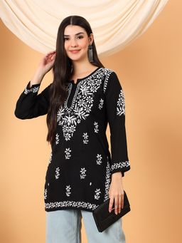 Poshak Chikan Studio - Women Black Lucknowi Chikankari Modal Short Kurti