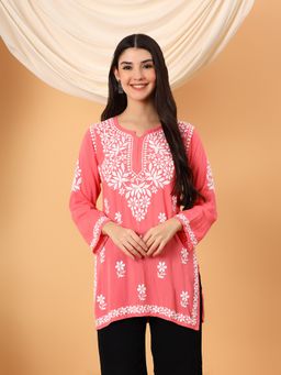 Poshak Chikan Studio - Women Coral Lucknowi Chikankari Modal Short Kurti